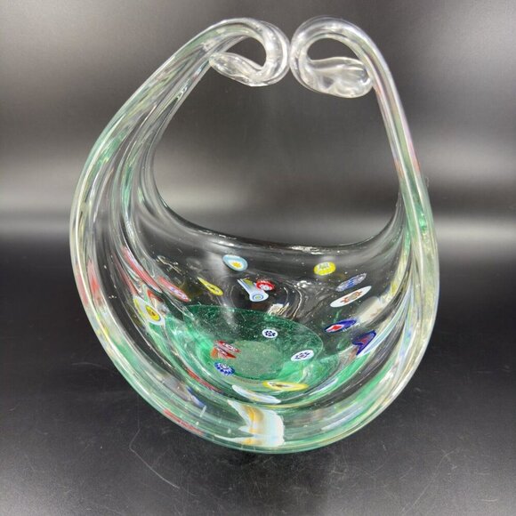 Large Art Glass Basket Bowl Centerpiece With Large Multicolor Millefiori Spots - Picture 14 of 16